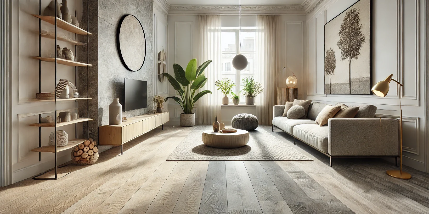 DALL·E 2025-01-28 06.55.35 – A modern and stylish interior showcasing vinyl flooring from VITERRA with both wood and stone textures. The room has a Scandinavian aesthetic with a m