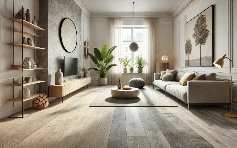 DALL·E 2025-01-28 06.55.35 – A modern and stylish interior showcasing vinyl flooring from VITERRA with both wood and stone textures. The room has a Scandinavian aesthetic with a m