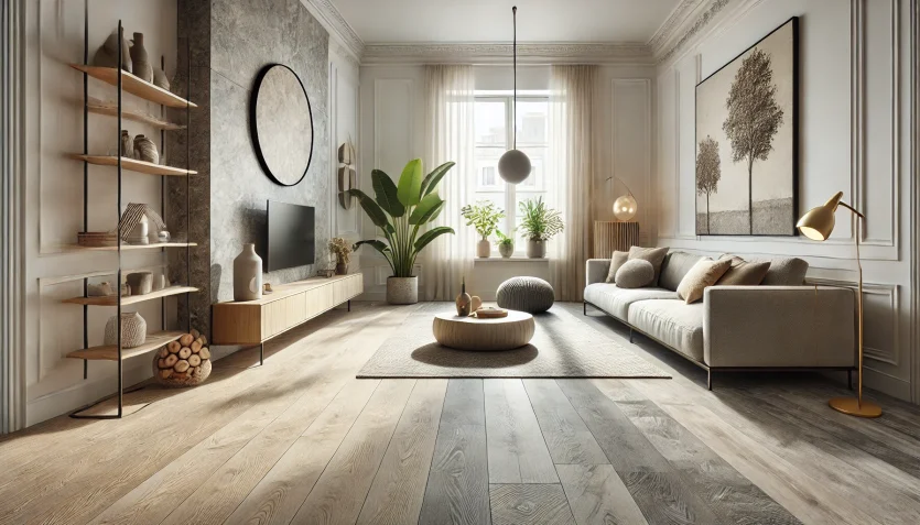 DALL·E 2025-01-28 06.55.35 – A modern and stylish interior showcasing vinyl flooring from VITERRA with both wood and stone textures. The room has a Scandinavian aesthetic with a m
